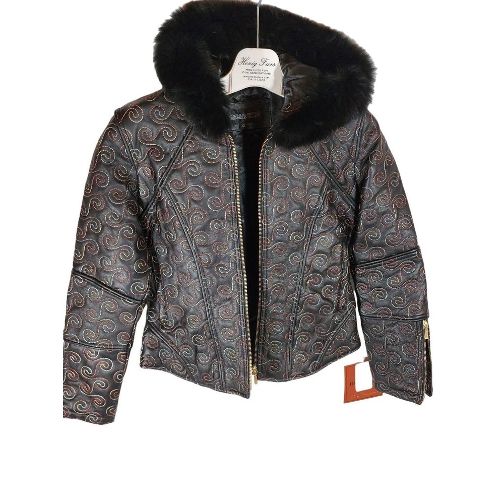 Oscar Kids Black Leather Zip Up Jacket Fur Hood‎ Gold Zippers NWT